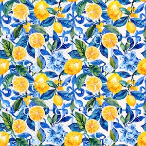 May include: A seamless pattern featuring watercolor illustrations of lemons, lemon slices, and blue flowers on a white background with blue and white tile-like designs.