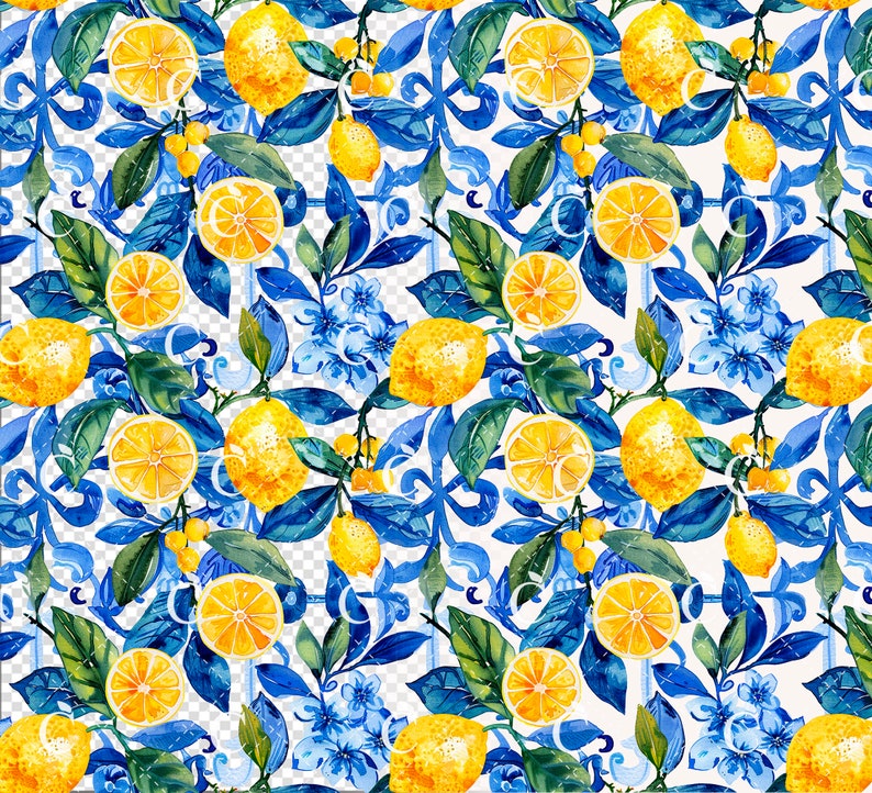 May include: A seamless pattern featuring watercolor illustrations of lemons, lemon slices, and blue flowers on a white background with blue and white tile-like designs.
