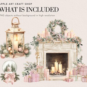 May include: Watercolor illustration featuring a lantern, fireplace, snow globe, and wrapped gifts. The lantern has a lit candle inside, and the fireplace is decorated with candles and a floral wreath. The gifts are wrapped in pink and white paper.