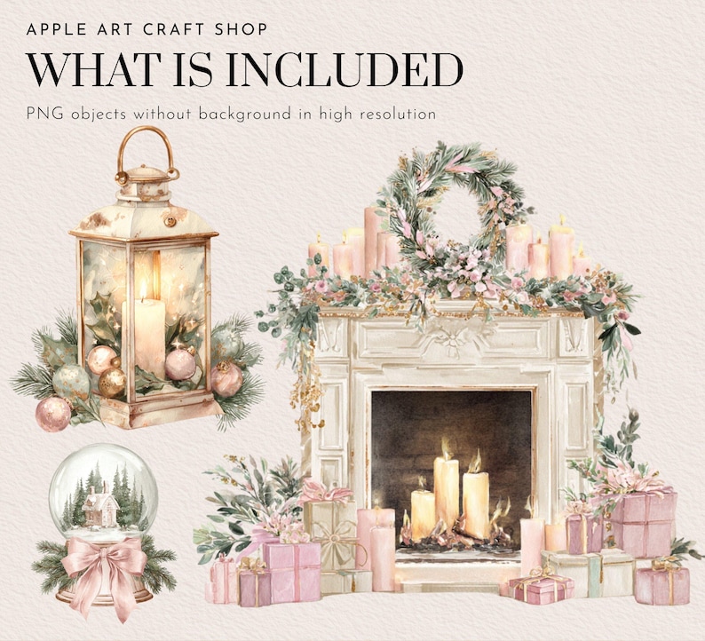 May include: Watercolor illustration featuring a lantern, fireplace, snow globe, and wrapped gifts. The lantern has a lit candle inside, and the fireplace is decorated with candles and a floral wreath. The gifts are wrapped in pink and white paper.
