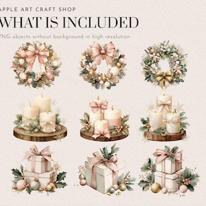 May include: Watercolor illustrations of Christmas wreaths, candles, and gift boxes. The wreaths feature pink bows and ornaments. The candles are tied with ribbons and sit on wooden bases. The gift boxes are decorated with holly and ornaments. Text reads "WHAT IS INCLUDED".