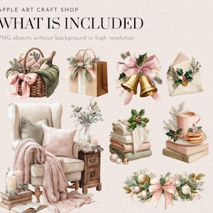 May include: Watercolor illustration featuring a cozy Christmas theme. Includes a basket with a pink bow, a gift bag, golden bells, an armchair with a blanket, and stacks of books and towels. Text reads "WHAT IS INCLUDED".
