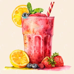 Pode incluir: Um copo alto cheio de um smoothie rosa coberto com mirtilos frescos, uma fatia de lim&atilde;o e um morango. O smoothie &eacute; decorado com um ramo de hortel&atilde; e um canudo vermelho e branco.