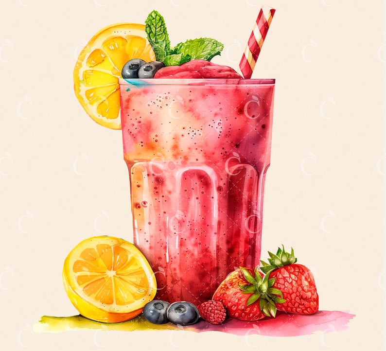 Pode incluir: Um copo alto cheio de um smoothie rosa coberto com mirtilos frescos, uma fatia de lim&atilde;o e um morango. O smoothie &eacute; decorado com um ramo de hortel&atilde; e um canudo vermelho e branco.