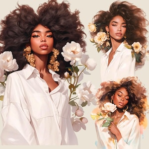 May include: Three women with dark curly hair wearing white button-down shirts. Each woman is surrounded by white flowers. The women are looking at the camera.