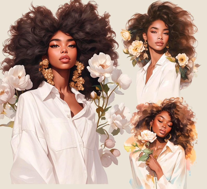May include: Three women with dark curly hair wearing white button-down shirts. Each woman is surrounded by white flowers. The women are looking at the camera.