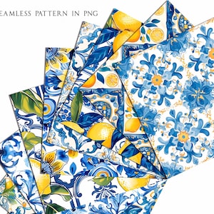 May include: A collection of seamless patterns in PNG format. The designs feature lemons, blue floral motifs, and decorative elements on a white background. The text "SEAMLESS PATTERN IN PNG" is at the top.