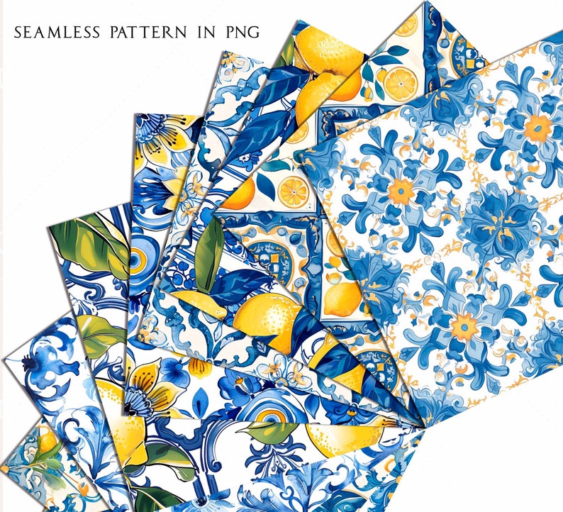 May include: A collection of seamless patterns in PNG format. The designs feature lemons, blue floral motifs, and decorative elements on a white background. The text "SEAMLESS PATTERN IN PNG" is at the top.