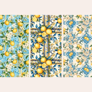 May include: Three fabric panels with a lemon and floral design. The patterns showcase bright yellow lemons, white blossoms, and blue and yellow details. The designs are arranged in a grid-like manner, creating a visually appealing and cohesive pattern.
