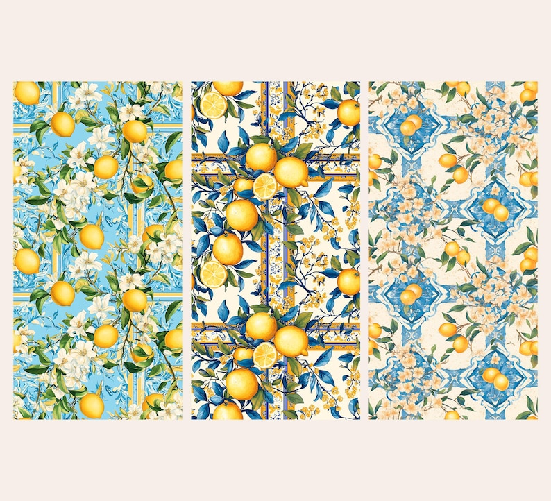 May include: Three fabric panels with a lemon and floral design. The patterns showcase bright yellow lemons, white blossoms, and blue and yellow details. The designs are arranged in a grid-like manner, creating a visually appealing and cohesive pattern.