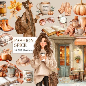 Peut inclure: Illustration à l'aquarelle sur le thème de l'automne. L'image présente une femme, des tasses à café, une citrouille et d'autres éléments sur le thème de l'automne. Le texte sur l'image indique "FASHION SPICE 120 PNG Illustrations."