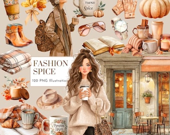 Puede incluir: Ilustración en acuarela con temática otoñal. La imagen presenta a una mujer, tazas de café, una calabaza y otros elementos con temática otoñal. El texto de la imagen dice "FASHION SPICE 120 PNG Illustrations."