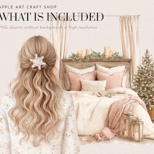 May include: A watercolor illustration of a bedroom scene with a bed, Christmas tree, and lanterns. The bed has pink pillows and a pink blanket. The text "WHAT IS INCLUDED" is at the top.