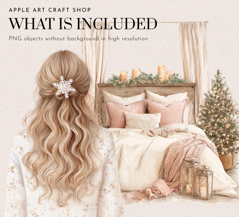 May include: A watercolor illustration of a bedroom scene with a bed, Christmas tree, and lanterns. The bed has pink pillows and a pink blanket. The text "WHAT IS INCLUDED" is at the top.