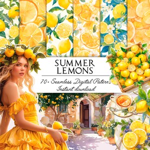 Può includere: Un'illustrazione digitale di una donna che indossa un vestito giallo e una ghirlanda di limoni sulla testa. Lo sfondo presenta un dipinto ad acquerello di un albero di limoni, un edificio e uno schema a tema limone. Il testo "SUMMER LEMONS 70+ Seamless Digital Patterns Instant download" è visualizzato sull'immagine.
