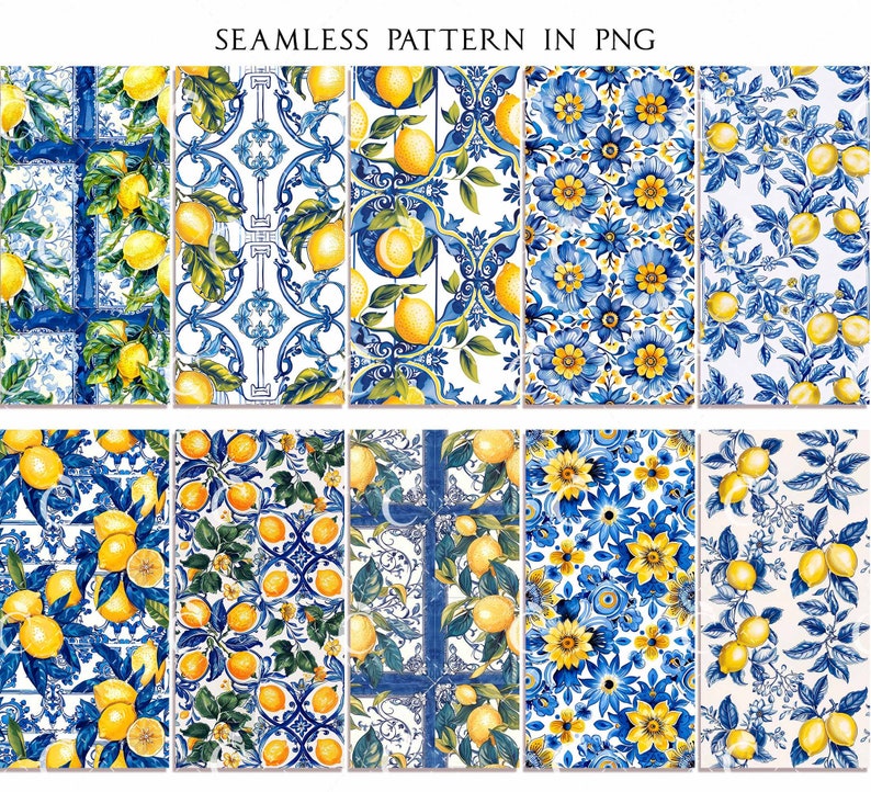 May include: A collection of seamless patterns in PNG format. The designs feature lemons, blue floral arrangements, and decorative blue and white tile patterns. The text "SEAMLESS PATTERN IN PNG" is at the top of the image.