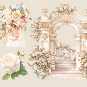 May include: A watercolor painting of a white archway with a staircase leading up to it. The archway is decorated with pink roses and vines. The painting has a vintage aesthetic.