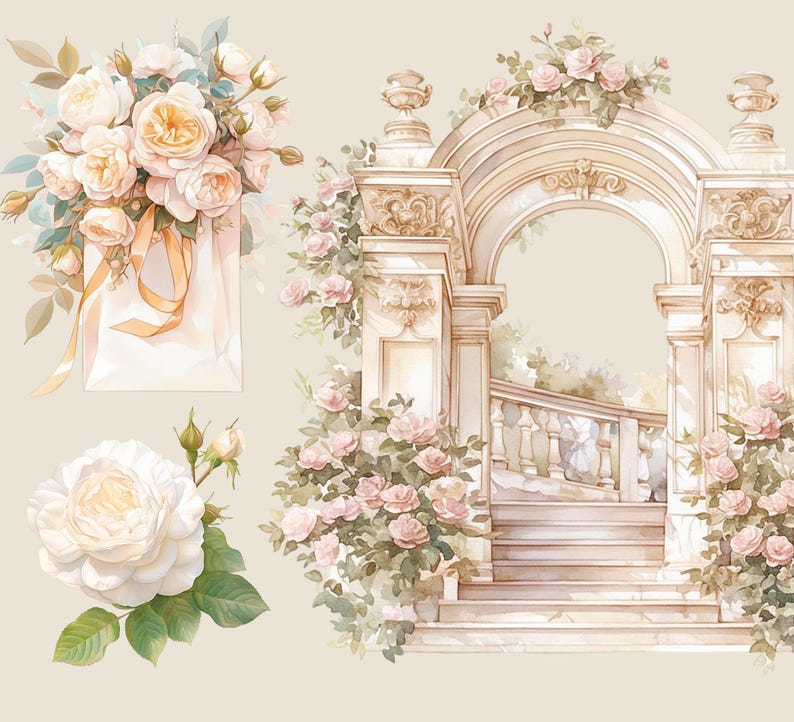 May include: A watercolor painting of a white archway with a staircase leading up to it. The archway is decorated with pink roses and vines. The painting has a vintage aesthetic.