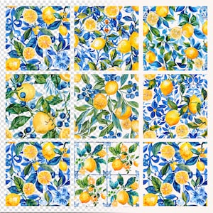 May include: A seamless pattern featuring watercolor illustrations of lemons, blueberries, and blue and white floral designs. The lemons are yellow and the blueberries are blue. The floral designs are blue and white. The background is white.
