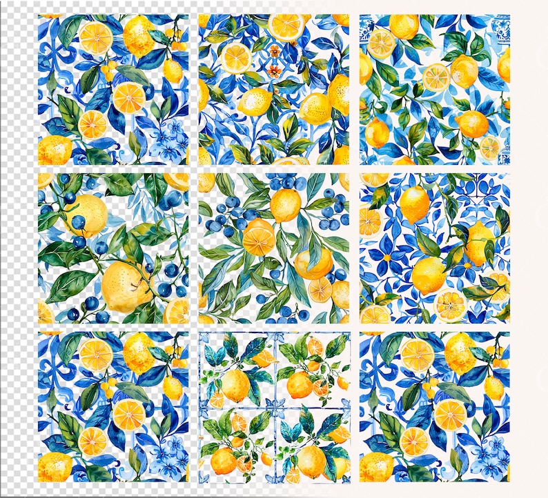 May include: A seamless pattern featuring watercolor illustrations of lemons, blueberries, and blue and white floral designs. The lemons are yellow and the blueberries are blue. The floral designs are blue and white. The background is white.