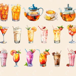 Pode incluir: Uma cole&ccedil;&atilde;o de coquet&eacute;is e bebidas coloridas, incluindo ch&aacute; gelado, batidos e sucos de frutas. As bebidas s&atilde;o ilustradas em estilo aquarela e apresentam v&aacute;rias frutas e guarni&ccedil;&otilde;es.