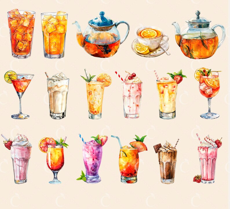 Pode incluir: Uma cole&ccedil;&atilde;o de coquet&eacute;is e bebidas coloridas, incluindo ch&aacute; gelado, batidos e sucos de frutas. As bebidas s&atilde;o ilustradas em estilo aquarela e apresentam v&aacute;rias frutas e guarni&ccedil;&otilde;es.