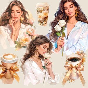 May include: Three illustrations of women with long brown hair wearing white shirts and holding flowers. The women are surrounded by floral designs and coffee cups. One coffee cup has a gold ribbon and a heart design on the top. Another coffee cup has a gold ribbon and a floral design on the side. The third coffee cup has a gold ribbon and a floral design on the side.