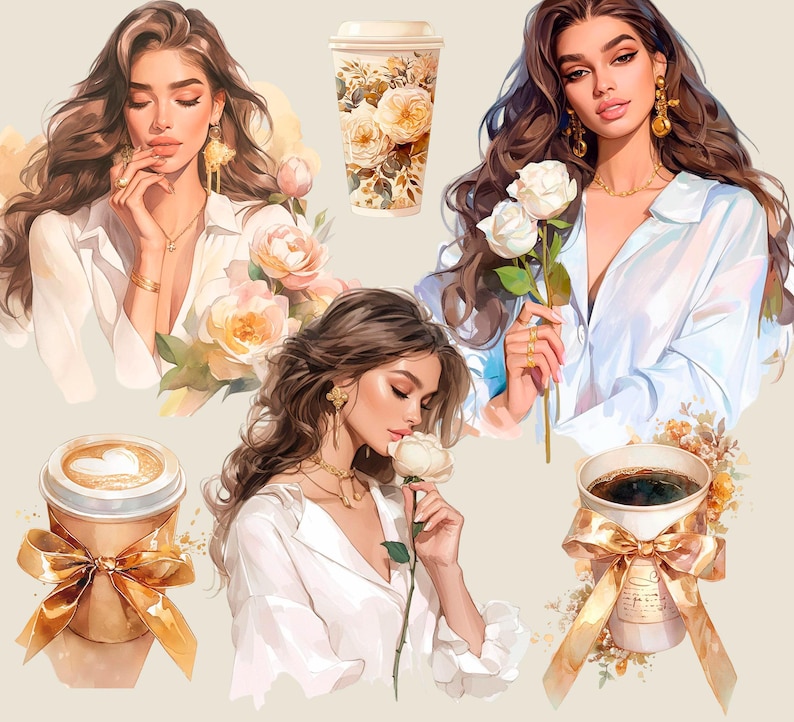 May include: Three illustrations of women with long brown hair wearing white shirts and holding flowers. The women are surrounded by floral designs and coffee cups. One coffee cup has a gold ribbon and a heart design on the top. Another coffee cup has a gold ribbon and a floral design on the side. The third coffee cup has a gold ribbon and a floral design on the side.