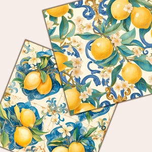 May include: Watercolour illustration of lemons on branches with green leaves and white blossoms. The design features a cream background with blue and gold decorative elements, reminiscent of Italian tiles.