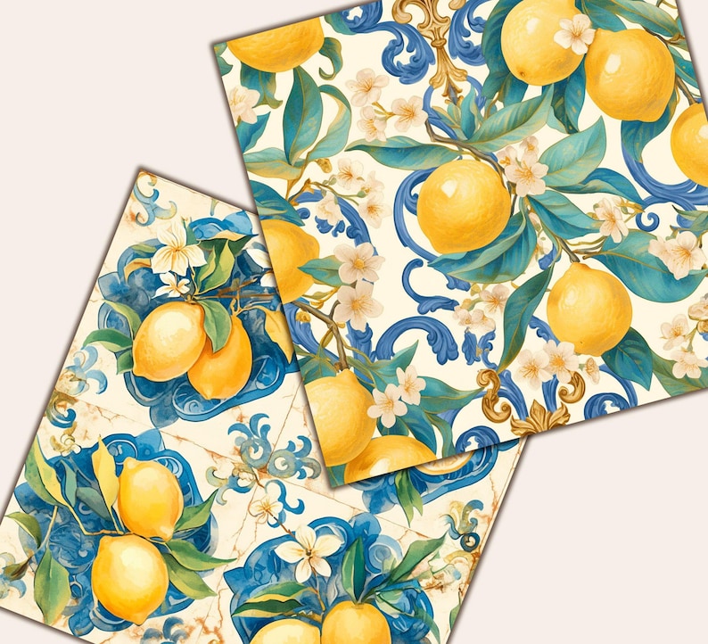 May include: Watercolour illustration of lemons on branches with green leaves and white blossoms. The design features a cream background with blue and gold decorative elements, reminiscent of Italian tiles.