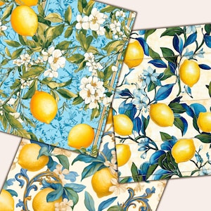 May include: Four designs with a lemon and floral pattern. The lemons are yellow, set against backgrounds of light blue and cream, with white blossoms and green leaves. The designs include ornate blue and gold accents, creating a summery feel.