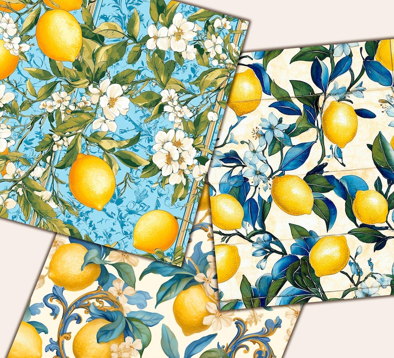 May include: Four designs with a lemon and floral pattern. The lemons are yellow, set against backgrounds of light blue and cream, with white blossoms and green leaves. The designs include ornate blue and gold accents, creating a summery feel.