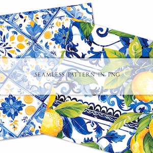 May include: Two overlapping seamless patterns in PNG format. One features a tile design with blue floral and lemon motifs. The other showcases lemons with green leaves and blue floral elements. The text "SEAMLESS PATTERN IN PNG" is visible.