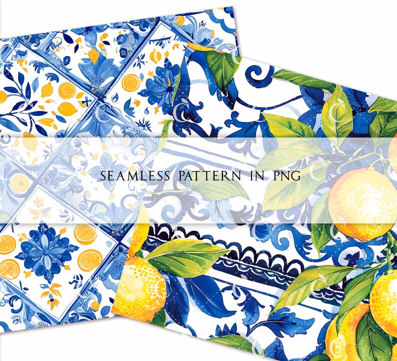 May include: Two overlapping seamless patterns in PNG format. One features a tile design with blue floral and lemon motifs. The other showcases lemons with green leaves and blue floral elements. The text "SEAMLESS PATTERN IN PNG" is visible.