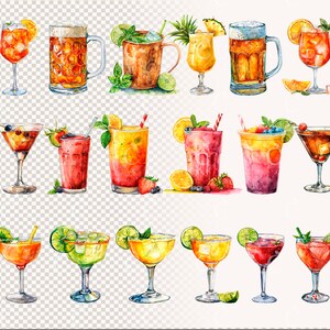 Pode incluir: Uma ilustra&ccedil;&atilde;o de aquarela de 15 coquet&eacute;is e bebidas misturadas diferentes. As bebidas est&atilde;o em diferentes copos e incluem ingredientes como frutas, gelo e licor. A ilustra&ccedil;&atilde;o est&aacute; sobre um fundo branco com um padr&atilde;o de xadrez transparente.