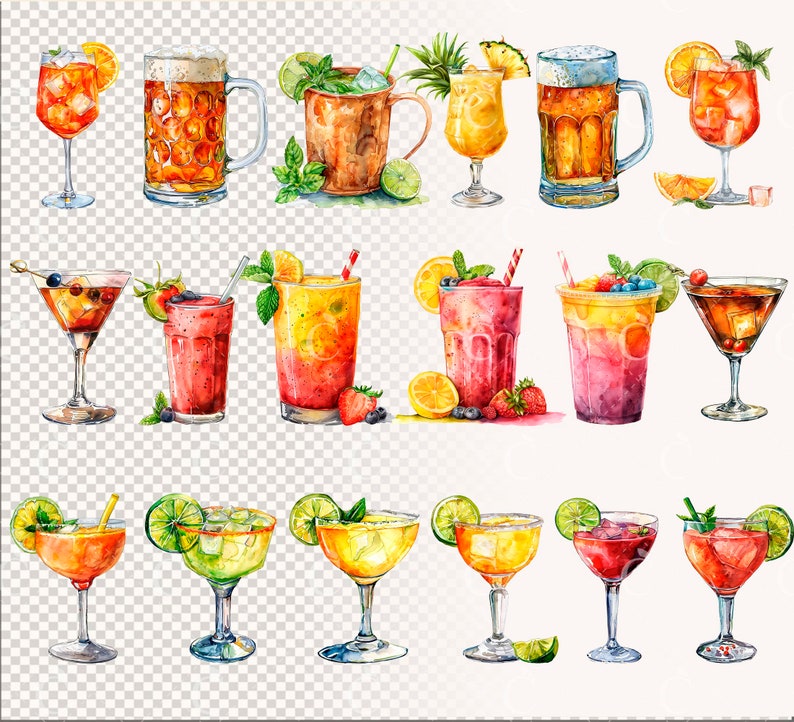 Pode incluir: Uma ilustra&ccedil;&atilde;o de aquarela de 15 coquet&eacute;is e bebidas misturadas diferentes. As bebidas est&atilde;o em diferentes copos e incluem ingredientes como frutas, gelo e licor. A ilustra&ccedil;&atilde;o est&aacute; sobre um fundo branco com um padr&atilde;o de xadrez transparente.