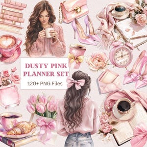 Planificador Glam de acuarela, Planificador digital, Planificador de moda, Pegatina digital, Clipart de primavera, Clipart de café PNG, Clipart de coqueta PNG