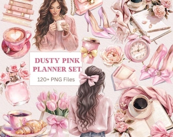 Watercolor Glam planner, Digital planner, Fashionable planner, Digital Sticker, Spring clipart, Coffee Clipart PNG, Coquette Clipart PNG