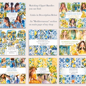 May include: A collage of digital illustrations featuring lemons, tiles, and women in summery outfits. The illustrations are in a watercolor style and feature bright colors, such as blue, yellow, and white. The text on the images includes "Santorini", "Lemons and Tile", "Mediterranean Tiles Pattern", "Summer Lemons", and "Santorini Seamless Tile".