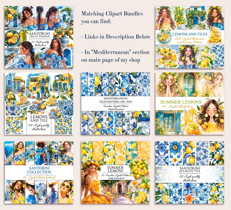 May include: A collage of digital illustrations featuring lemons, tiles, and women in summery outfits. The illustrations are in a watercolor style and feature bright colors, such as blue, yellow, and white. The text on the images includes "Santorini", "Lemons and Tile", "Mediterranean Tiles Pattern", "Summer Lemons", and "Santorini Seamless Tile".