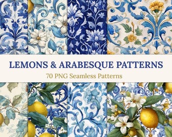 Watercolor Lemon clipart, Mediterranean Tile Seamless Pattern,Santorini Clipart,blue white tile, Italian Tiles, PNG seamless patterns.