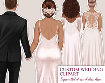 May include: A digital illustration of a wedding couple. The groom is wearing a black suit and the bride is wearing a white wedding dress. The bride's hair is pulled back and she is wearing a floral crown. The image is labeled "Custom Wedding Clipart" and "Separated dress, bodies, hair. Digital files in PNG."