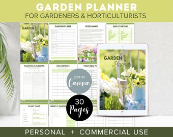 May include: A digital planner for gardeners and horticulturalists with 30 pages. The cover features a white chair with a vase of white and yellow flowers. The text "GARDEN PLANNER" is displayed on the cover.