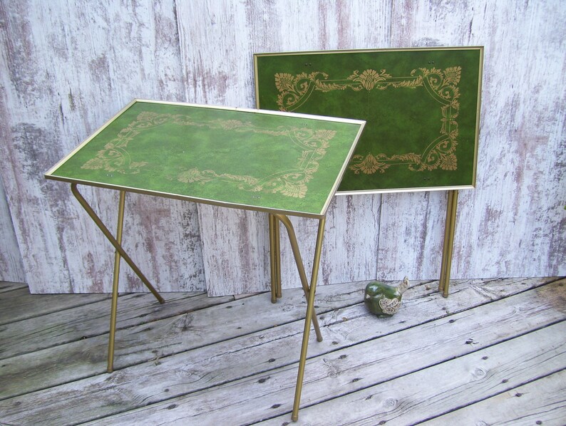 4 LaVada TV Trays Green Gold Scroll Mid Century Modern Folding Etsy