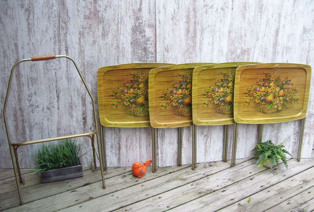 4 Lavada Metal TV Trays Basket Fruit Floral Faux Wood Grain Etsy
