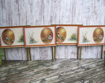 4 TV Trays Floral Country Boy Girl Folding Table Trays Mid Century Modern Crestine
