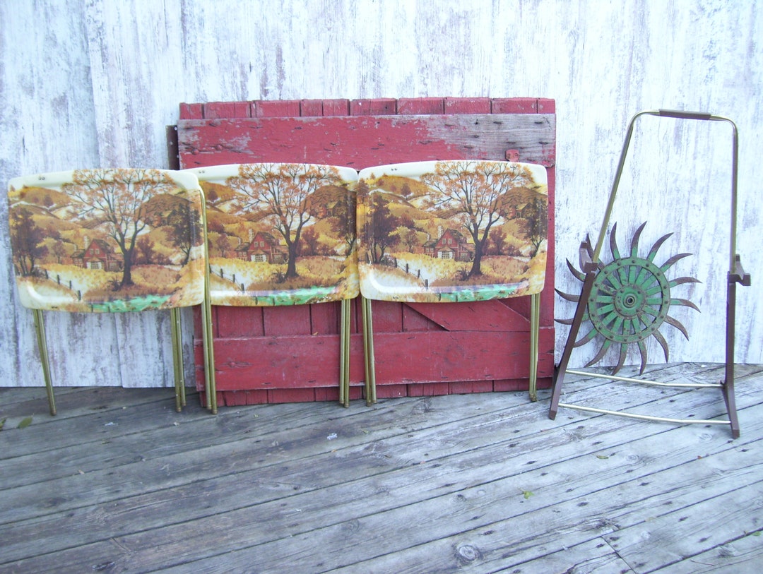 3 TV Trays Fiberglass Farm Country Landscape Metal Tall Legs Stand