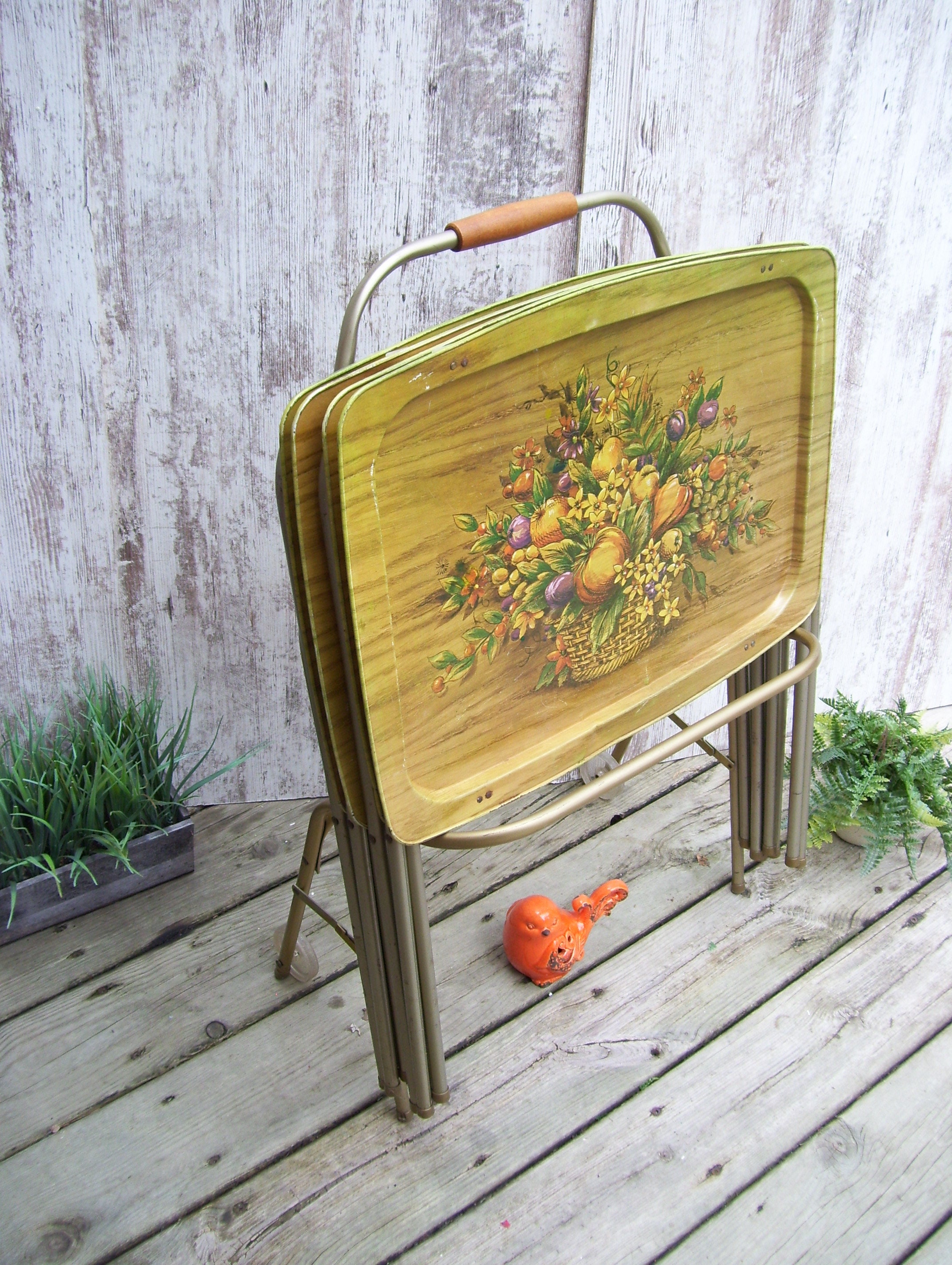 4 Lavada Metal TV Trays Basket Fruit Floral Faux Wood Grain Etsy