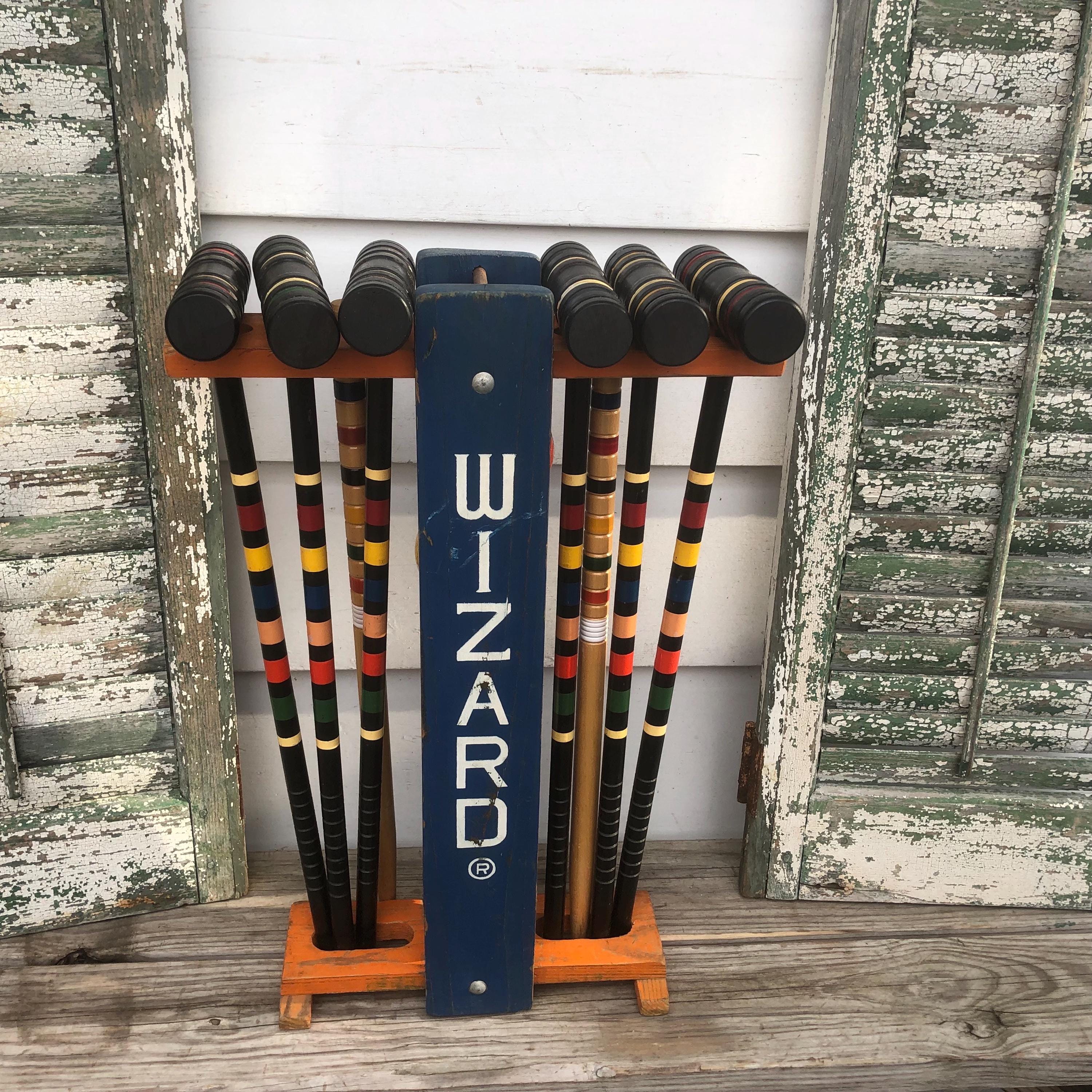 6 Player Wizard Croquet Set Blue Orange Wood Stand Striped Mallets
