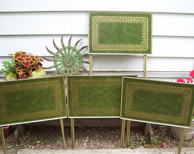 4 Lavada TV Trays Green Gold Scroll Mid Century Modern Folding Etsy
